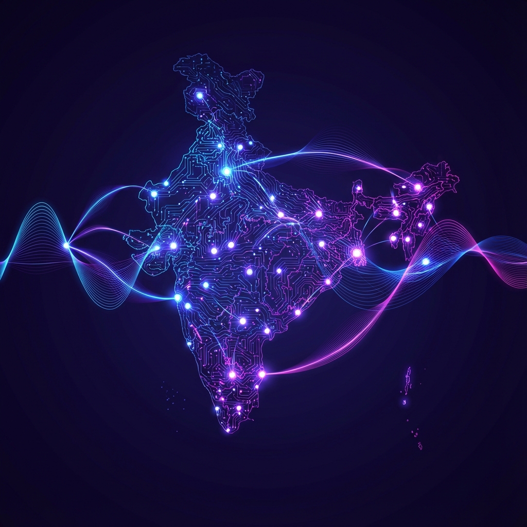Digital abstract map of India connected by glowing voice waves, representing anonymous communication